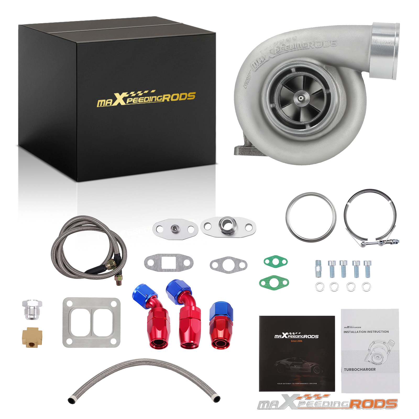 GT45 T4 Turbocharger Kit V-Band 600+HP Universal Oil Drain Feed & Return Lines